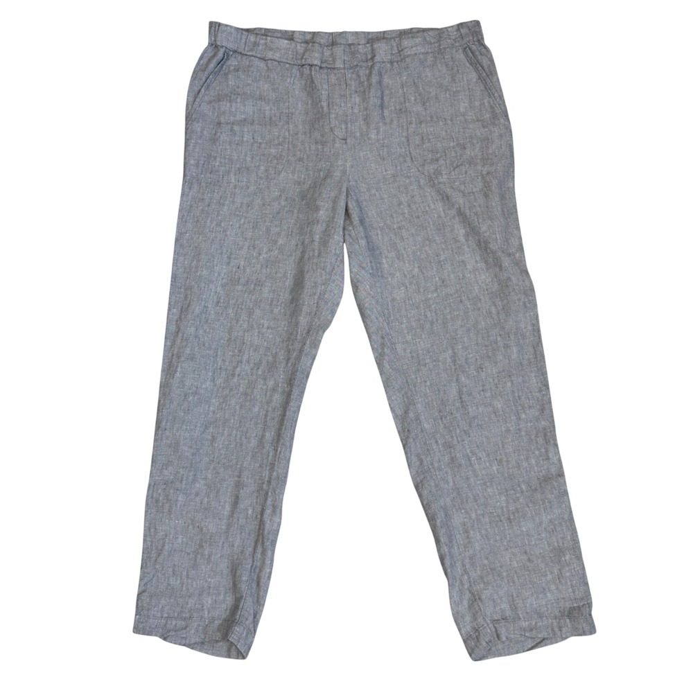Pure Jill Linen Pants Light Blue Elastic Waist Roll Tab Hem Trousers L/XL
